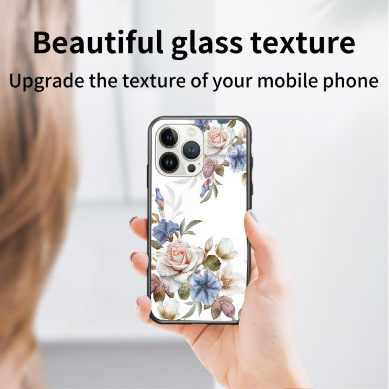 Skal iPhone 15 Pro Blommigt Härdat Glas Med Stödring