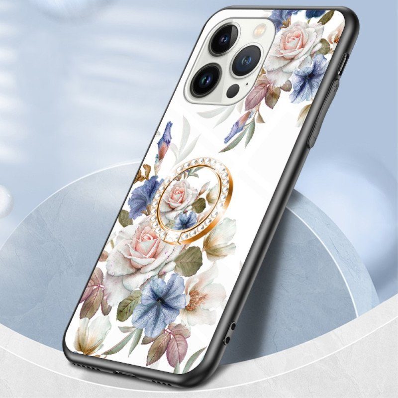 Skal iPhone 15 Pro Blommigt Härdat Glas Med Stödring