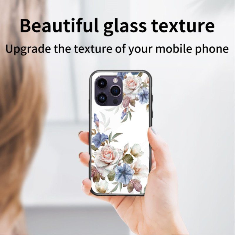 Skal iPhone 15 Pro Max Blommigt Härdat Glas Med Stödring